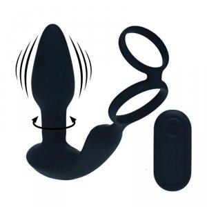 Dual Vibrating Remote Rotating Beads Silicone Prostate Stimulator with Cock and Ball Ring - Black
