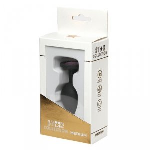 Star Collection - Black Silicone Anal Plug M - Light Pink Stone