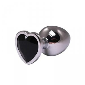 Silver small heart-shaped butt plug with black crystal