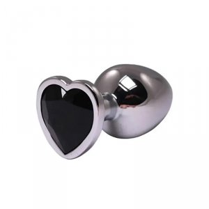 Silver medium heart-shaped butt plug with black crystal