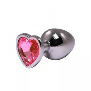 Silver medium heart-shaped butt plug with pink crystal