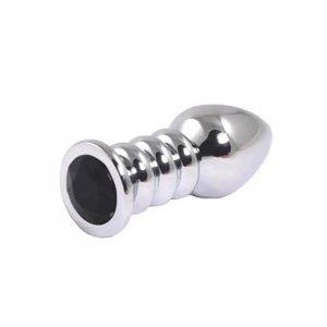 Silver large ribbed butt plug with black crystal
