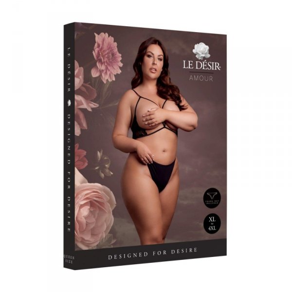 Open Cup Triangle Bra with Lace and Adjustable Sliders - Plus Size - Black