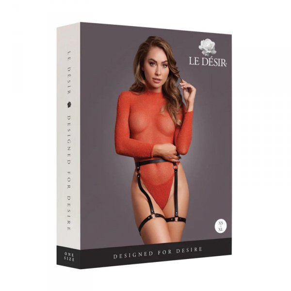 Shimmering Open-Back Bodysuit with PU Leather Garters - One Size - Red/Gold Glitter