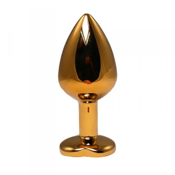 Gold medium heart-shaped butt plug with pink crystal