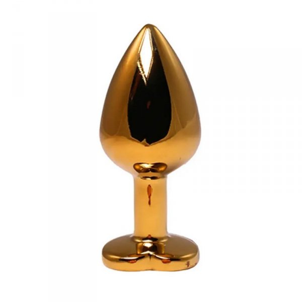 Gold medium heart-shaped butt plug with red crystal