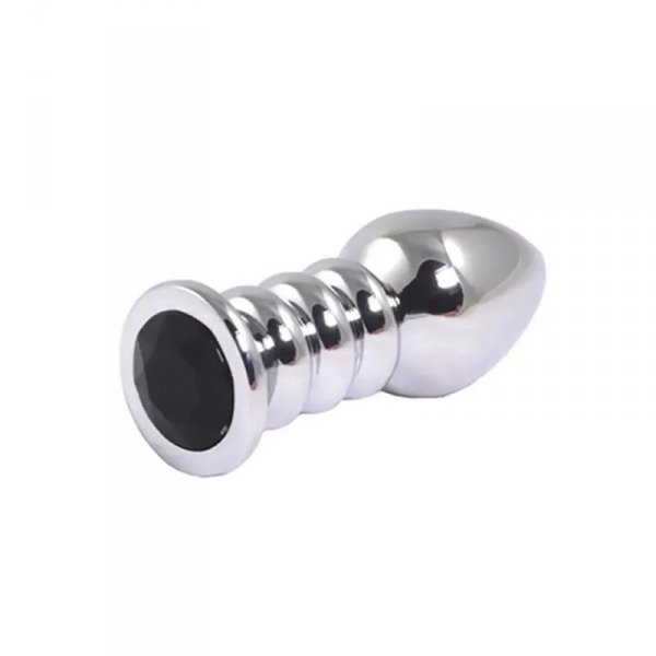 Silver large ribbed butt plug with black crystal