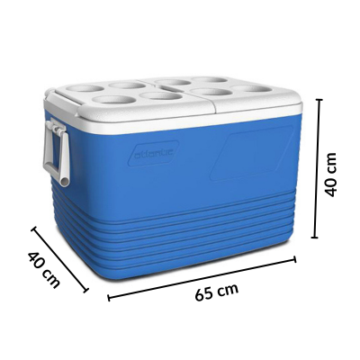 Lodówka turystyczna 60L Kamai Coolbox na wkłady mrożące, niebieska z miejscem na butelki na pokrywie