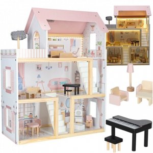 Domek dla lalek drewniany mebelki 80cm róż LED