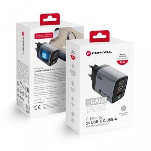 Ładowarka sieciowa do telefonu Forcell F-Energy GaN III 2 x USB C + USB A QC4.0 3,45A PD 70W SAM SFC2.0 z wyświetlaczem LCD VT-3
