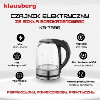CZAJNIK ELEKTRYCZNY SZKLANY 1,7L KLAUSBERG KB-7886 LED