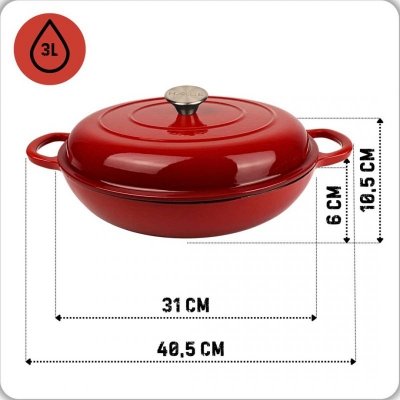 EMALIOWANY GARNEK ŻELIWNY PŁASKI 30cm 3L HAGE CZERWONY