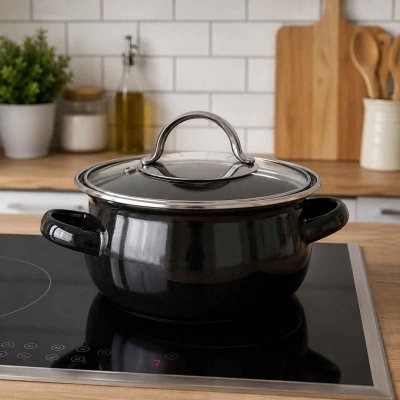 GARNEK EMALIOWANY 14cm Z POKRYWĄ BANQUET METALLIC BLACK 0,7L