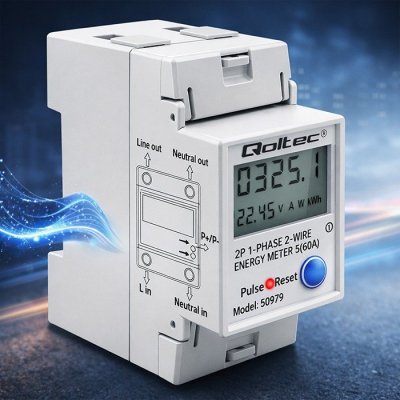 Jednofazowy elektroniczny licznik zużycia energii na szynę DIN | RESET | licznik okresowy i stały | 230V | 60A | LCD | LED | 2P