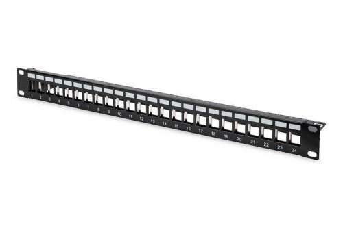 Digitus Panel krosowy (patch panel) modularny 19&quot; 24 porty pod moduły keystone, 1U, ekranowany, prowadnica kabli, pola opis