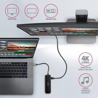 AXAGON HMC-6GL Wieloportowy hub USB 6in1, 5Gbps, 3x USB-A, HDMI 4K/30Hz, GLAN, PD 100W, 20cm USB-C kabel