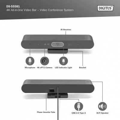 Digitus System wideokonferencji 4K ePTZ szeroki kąt 90° Sensor 3.0&#039;&#039; 8MP Hi-Fi, 2 mikrofony, pilot