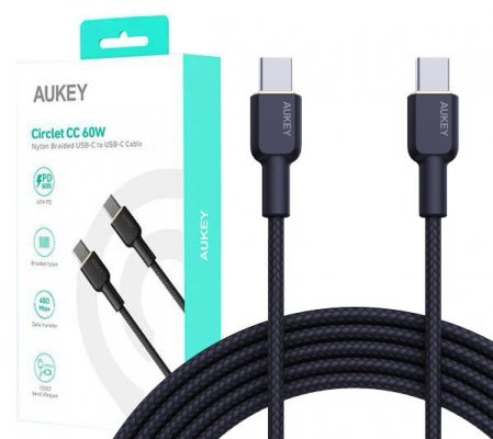 AUKEY CB-NCC1 kabel USB-C - USB-C 1m 60W PD 3A 20V nylonowy oplot czarny