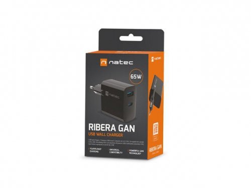Natec Ładowarka sieciowa Ribera GAN 1X USB-A + 1X USB-C 65W Czarna