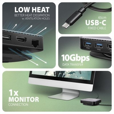 AXAGON HMC-UFO Wieloportowy hub USB 9in1, 10Gbps, 2x USB-A, HDMI 4K/60Hz, M.2 NVMe/SATA, audio, PD 100W, SD/microSD, GLAN, 65cm 