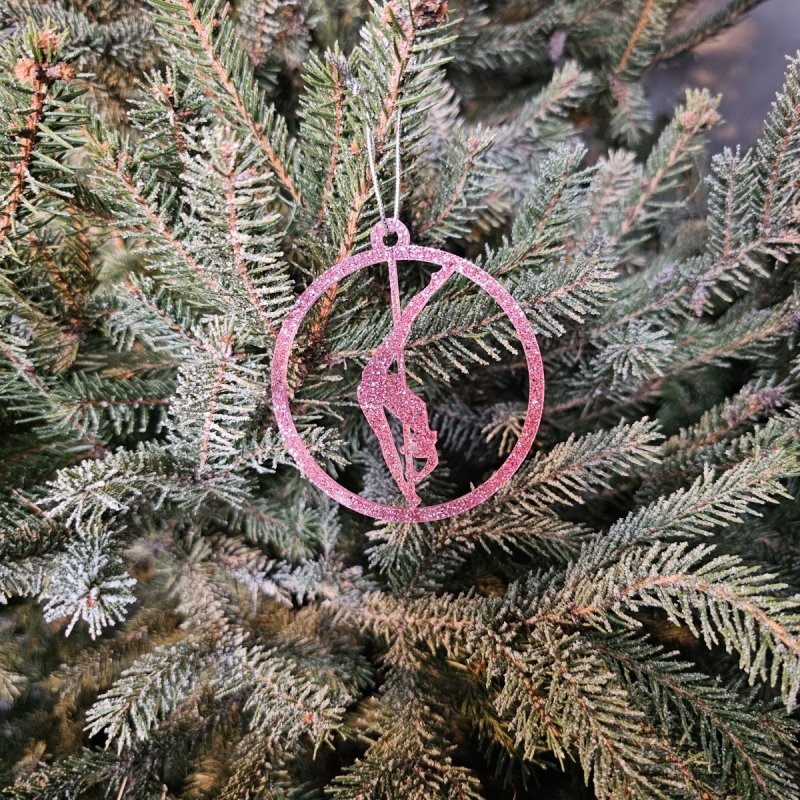 Pink Glitter Pole Dance Ornament set hanging on a festive Christmas tree. Amira Perun Decor