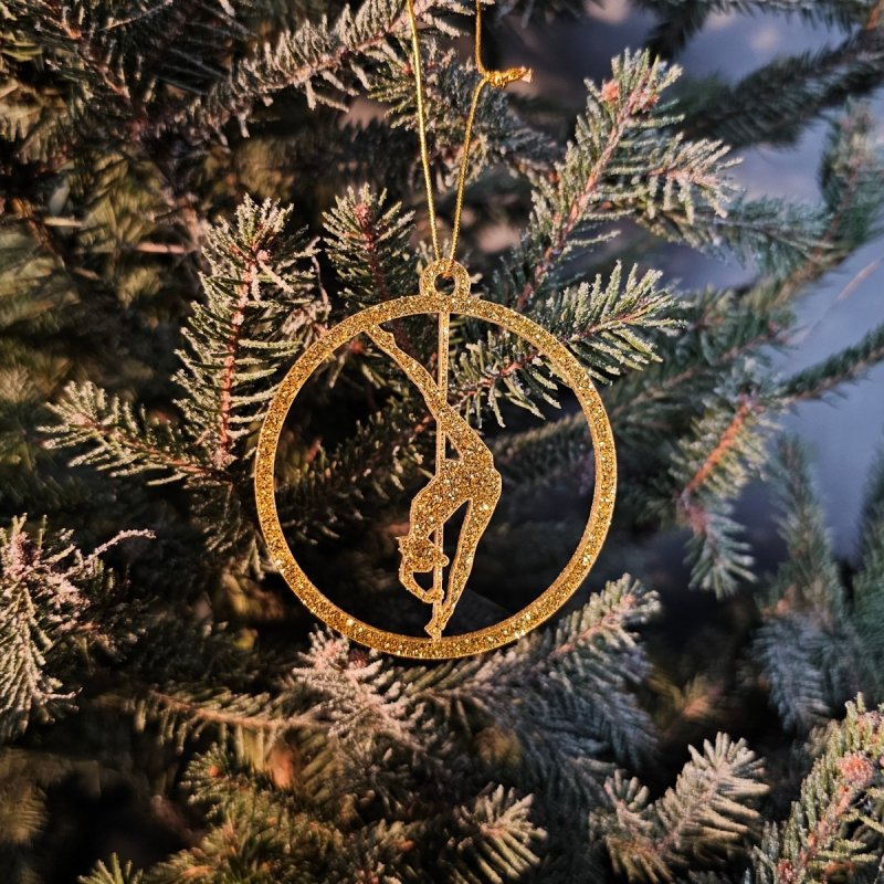 Gold Glitter Pole Dance Ornament hanging beautifully on a festive Christmas tree