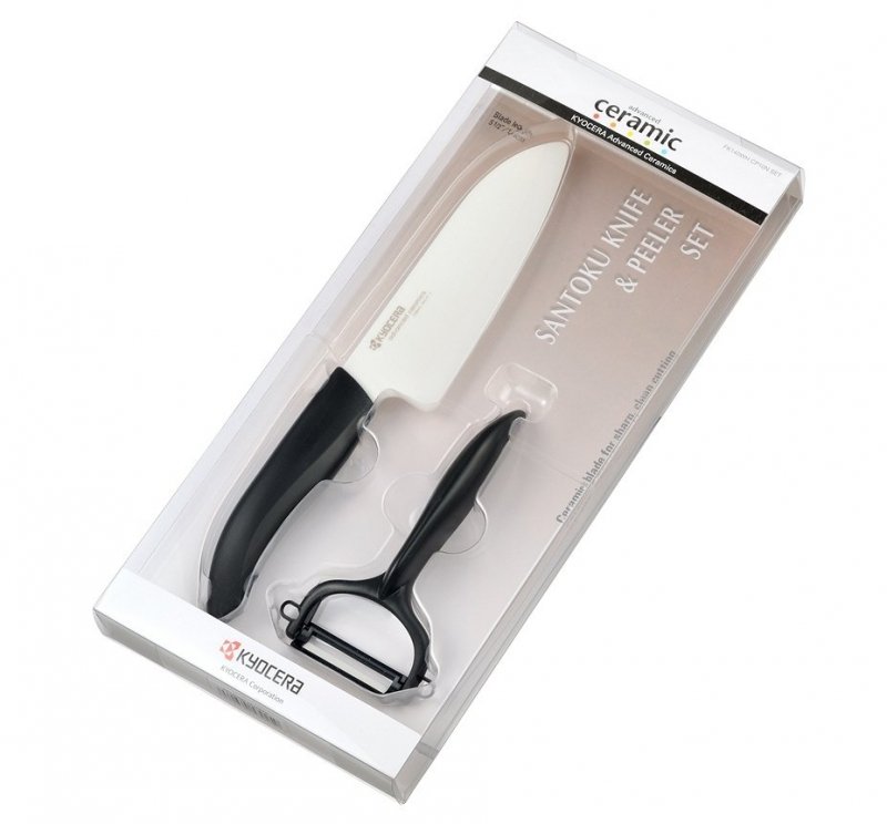 Zestaw Blister Ceramiczny nóż Santoku 14cm + poprzeczna obieraczka czarny Kyocera
