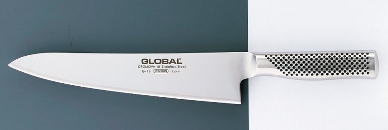 Nóż Szefa Kuchni Global G-16 - Lekki, szeroka klinga ze stali CROMOVA 18, ergonomiczna rękojeść - 24 cm - Global
