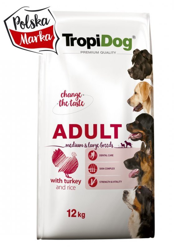 Tropidog Premium Adult M&amp;L Turkey&amp;Rice karma dla dorosłych psów z indykiem i ryżem 12kg