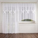Białe firany komplet balkonowy Estella  400x160 cm, 140x250 cm – markizeta z haftem i kokardami