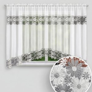 Firana gotowa Megan z podwójną biało-szarą gipiurą 400 × 160 cm 