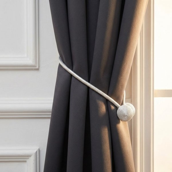 Detal magnetycznej spinki Nelli na jasnej zasłonie – szybkie i bezinwazyjne upięcie dekoracji okiennej.