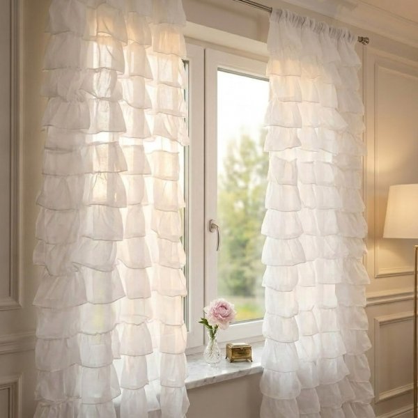 Biała firana kaskadowa z licznymi falbanami, zawieszona na metalowym karniszu w eleganckim salonie.