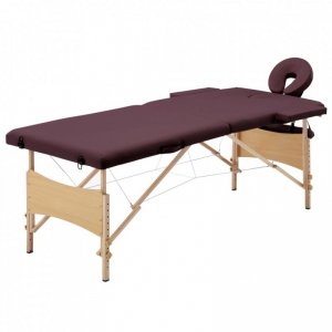Składany stół do masażu, 2 strefy, drewniany, winny fiolet