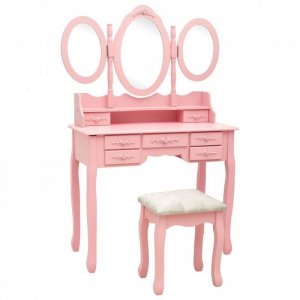 Toaletka z taboretem i składanym, 3 częściowym lustrem, różowa