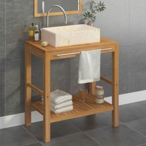 Szafka łazienkowa z marmurową, kremową umywalką, drewno tekowe