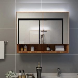 Szafka łazienkowa z lustrem i LED, kolor dębowy 80x15x60 cm MDF