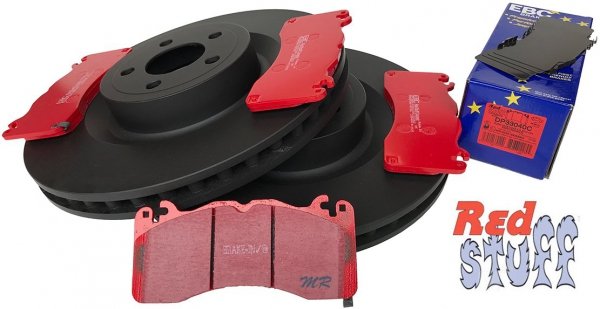 Przednie CERAMICZNE klocki RedStuff + tarcze hamulcowe EBC seria PREMIUM Ford Mustang 5,0 V8 2015-