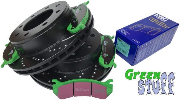 Tylne klocki GreenStuff + NAWIERCANE NACINANE tarcze hamulcowe EBC seria GD GMC Yukon XL 2500 2000-2007