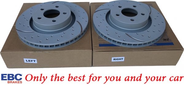 Przednie klocki YeloowStuff + NAWIERCANE NACINANE tarcze hamulcowe 320mm EBC seria GD Ford Mustang 2015-