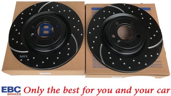 Przednie klocki YellowStuff + NAWIERCANE NACINANE tarcze hamulcowe 336mm EBC seria GD Ford Mustang 2011-2014