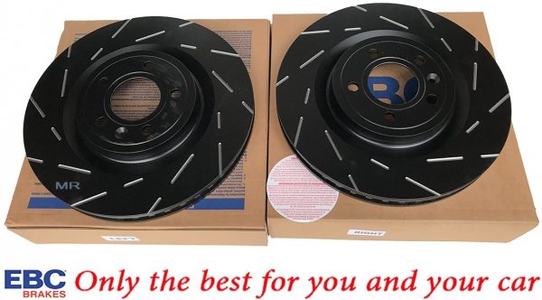 Przednie klocki RedStuff + NACINANE tarcze hamulcowe 336mm EBC seria USR Ford Mustang 2011-2014