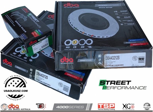 Przednie klocki STREET PERFORMANCE + tarcze hamulcowe 28mm DBA seria 4000 T3 Jeep Wrangler JL Rubicon Sahara 2018-