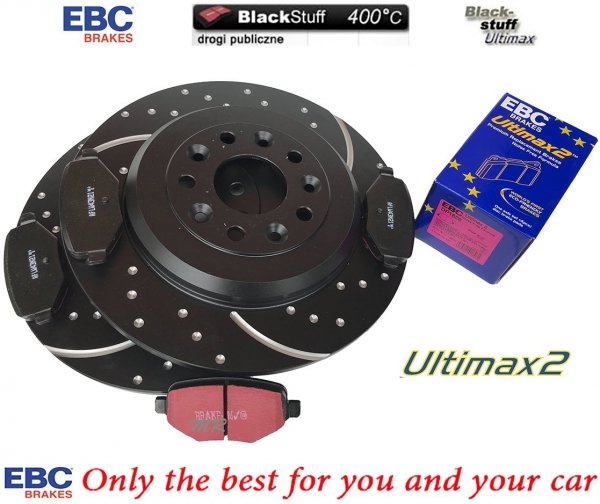 Tylne klocki Ultimax2 + NAWIERCANE NACINANE tarcze hamulcowe 330mm EBC seria GD Lincoln MKT 2010-2019