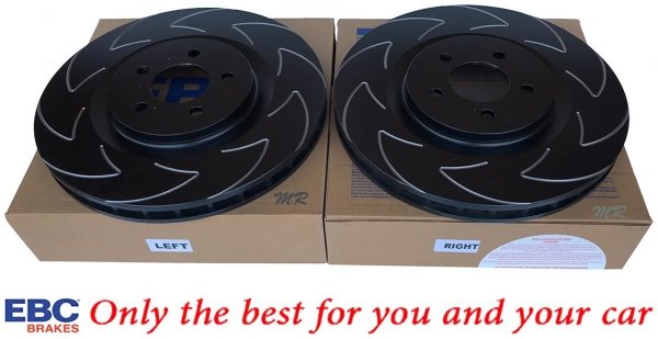 Przednie klocki Ultimax2 + NACINANE tarcze hamulcowe 355mm EBC seria BSD Ford Mustang 2005-2014