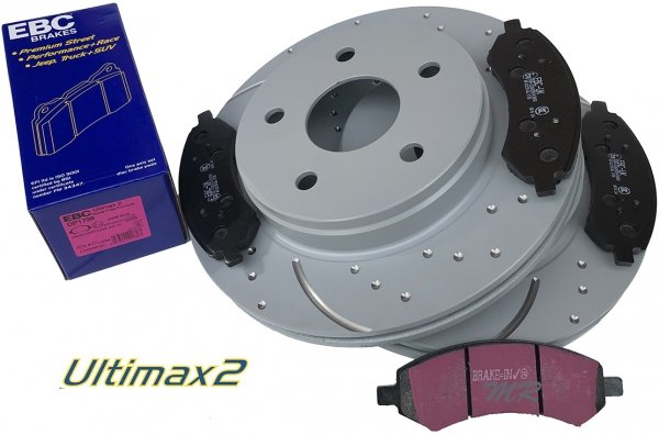 Przednie klocki Ultimax2 + nawiercone nacinane tarcze hamulcowe EBC seria GD Dodge RAM 1500 2006-
