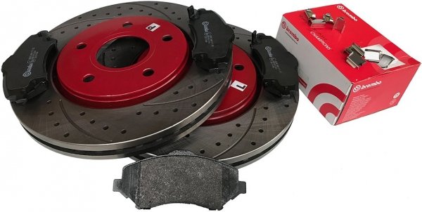 Przednie klocki BREMBO + WIERCONE tarcze hamulcowe 303mm RED Chrysler Voyager Town Country 2008- 
