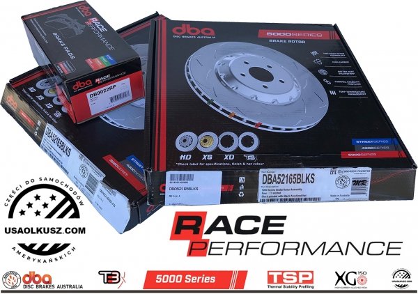 Tylne klocki RACE PERFORMANCE + pływające dwuczęściowae tarcze hamulcowe 330mm DBA seria 5000 T3 Ford Mustang 2015-