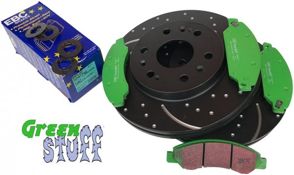 Przednie klocki GreenStuff + NAWIERCANE NACINANE tarcze hamulcowe 330mm EBC seria GD GMC Yukon 2007-2008