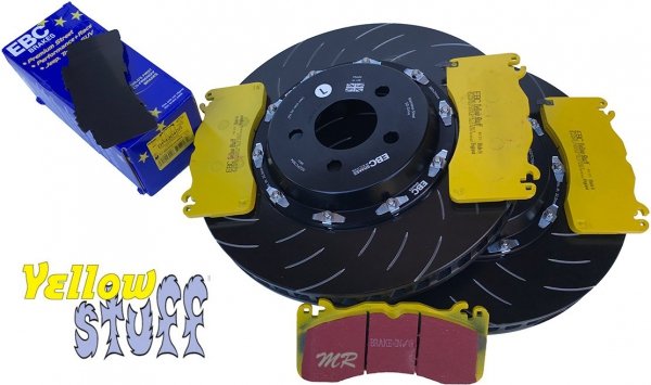 Przednie klocki YellowStuff + SPORTOWE PŁYWAJĄCE tarcze EBC seria SG Racing Ford Mustang 5,0 V8 2015-